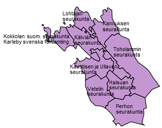 Kokkolan seurakuntayhtymän seurakunnat sekä Kannuksen, Toholammin, Vetelin ja Perhon seurakunnat kartalla.